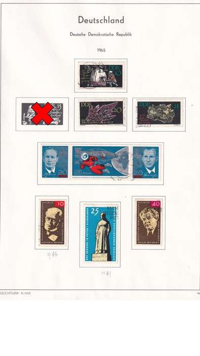 Used Germany DDR stamps on album page. 1 bid for all. Red cross stamps not available.