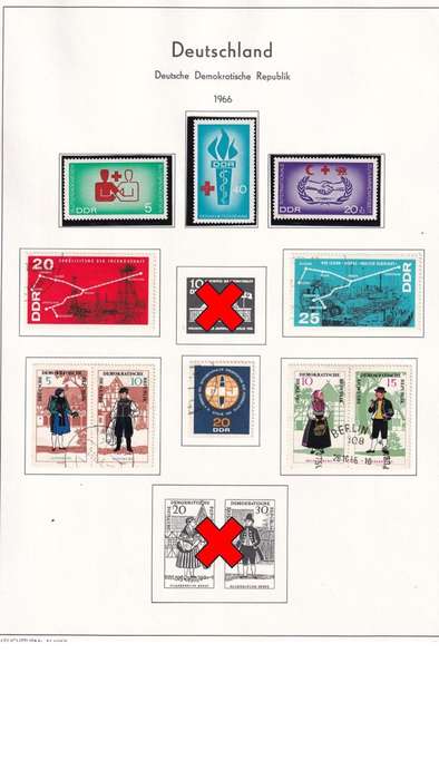 Used Germany DDR stamps on album page. 1 bid for all. Red cross stamps not available.