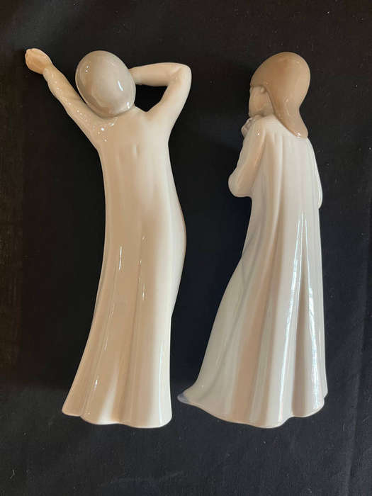 RARE ZAPHIR SPANISH PORCELAIN FIGURINE OF YAWNING GIRL + NAO GIRL WITH PUPPY