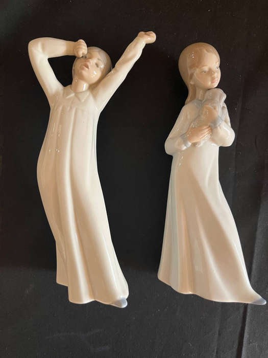 RARE ZAPHIR SPANISH PORCELAIN FIGURINE OF YAWNING GIRL + NAO GIRL WITH PUPPY
