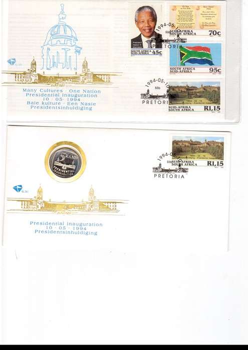 RSA 1994 FDC`S MANDELA INAUGERATION FDC 6.3B AND 6.3C ONE WITH R5 COIN SEE PICS