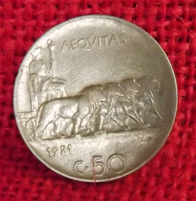 ITALY KINGDOM 1921-R 50 CENTESIMI COIN, REEDED, KEY DATE!