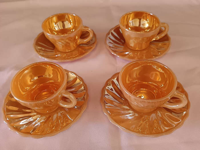 Vintage Anchor Hocking Peach Luster Demitasse Cup Saucer Set 'Shell'