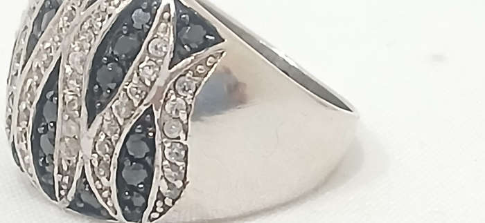 Sterling silver domed ring with cubic and black stones