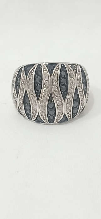 Sterling silver domed ring with cubic and black stones