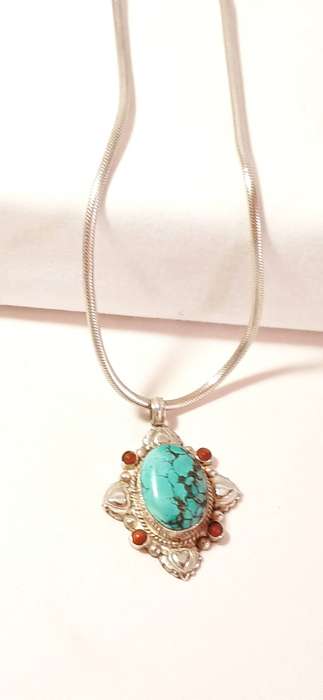 Vintage chunky Turquoise and coral pendant on chain