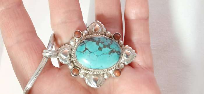 Vintage chunky Turquoise and coral pendant on chain