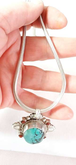Vintage chunky Turquoise and coral pendant on chain