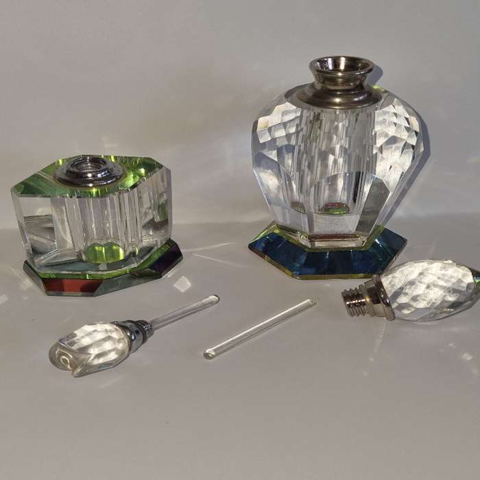 2 x Crystal Perfume Bottles - Just Beautiful!!! One glass dipper broke off - see pictures