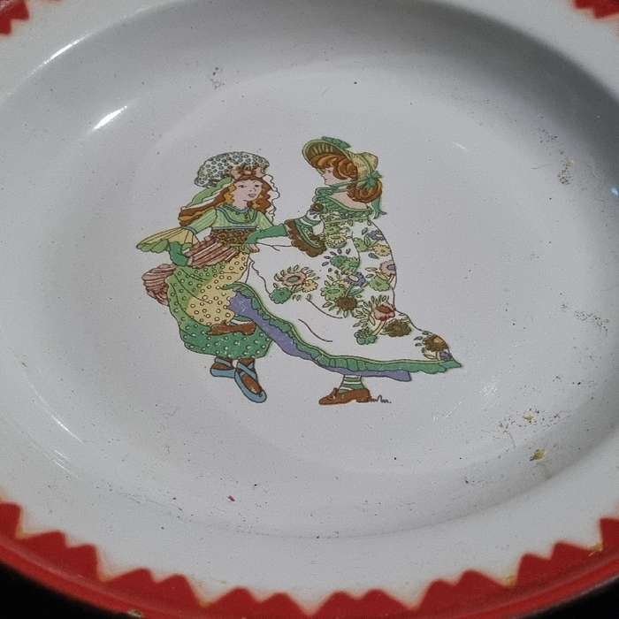 Vintage Enamel Plate with red trim and beautiful detail