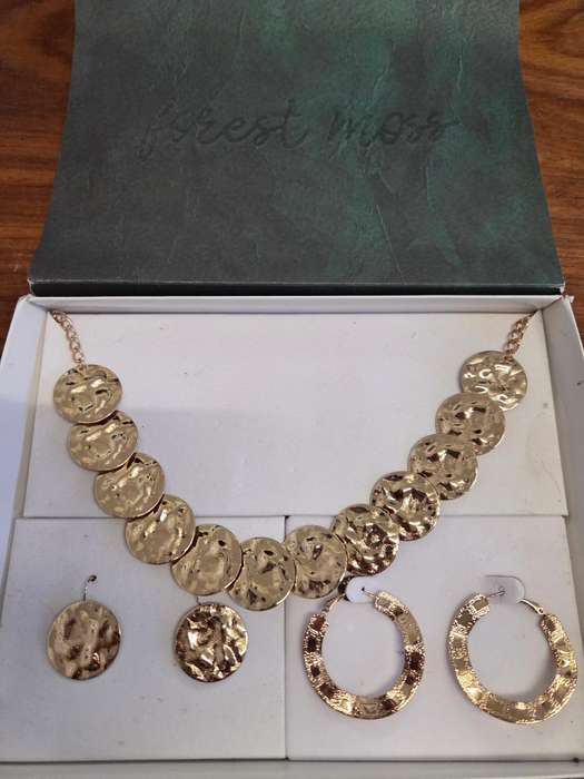 Forest Moss Gold Jewellery Collection Set Gold Coin Necklace Gold Coin Earrings and Gold Wavy Hoops