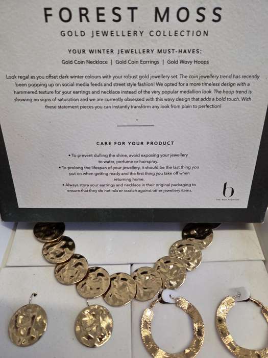 Forest Moss Gold Jewellery Collection Set Gold Coin Necklace Gold Coin Earrings and Gold Wavy Hoops