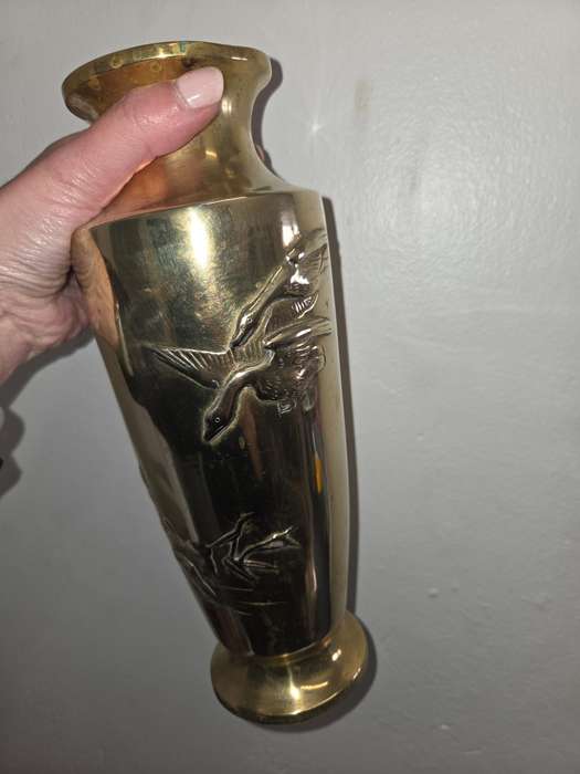 Large Heavy brass vase with bird detail - Height - 27cm