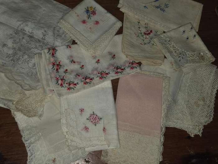 11 x Vintage Handkerchiefs with great detail - Some yellowing due to age