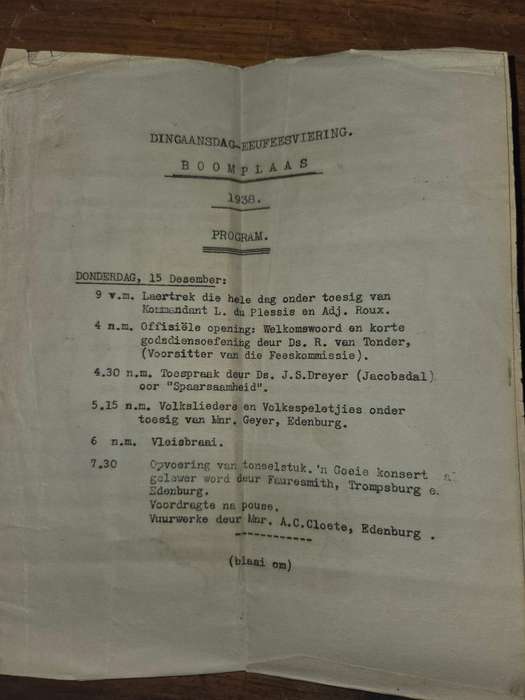 Dingaansdag-Eeufeesviering Program - Boomplaas 1938