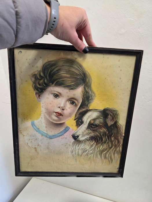 Beautiful Vintage print - child with dog in vintage Wooden Frame - Yellow marks due to age - 38x33cm