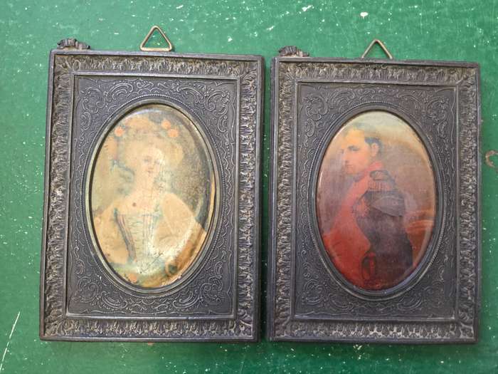 Beautiful Antique set of photos /prints of Victorian couple In metal frames Size -13.5cm x 10cm each