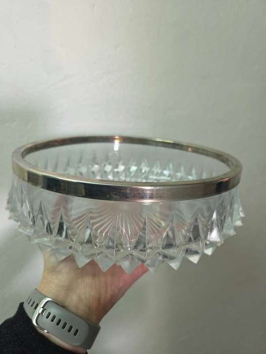 Heavy Vintage Crystal Salad Bowl with Silver Plated rim