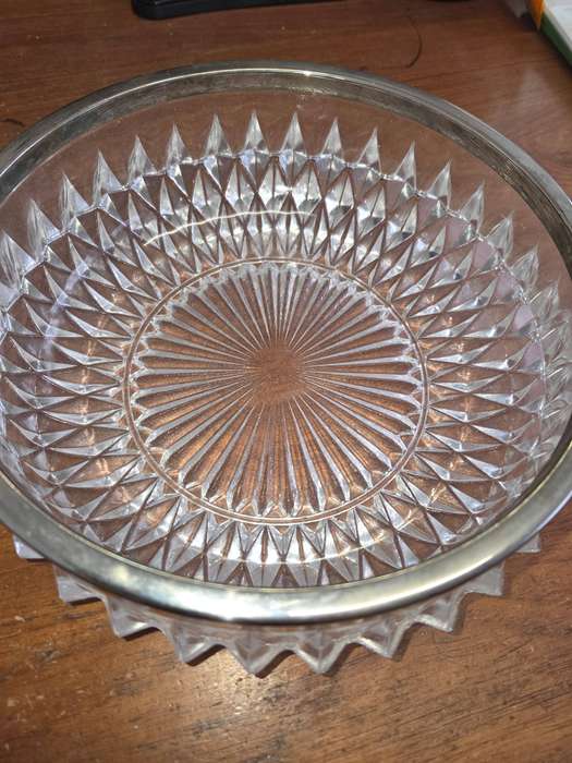Heavy Vintage Crystal Salad Bowl with Silver Plated rim