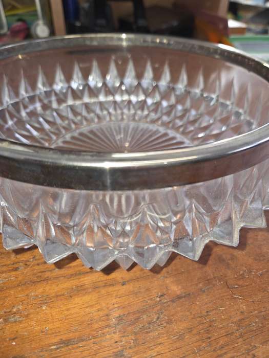 Heavy Vintage Crystal Salad Bowl with Silver Plated rim