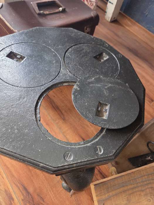 Vintage Three legged black cast iron Wood / Coal stove / "open fire" Stove top with 3 x pot slots