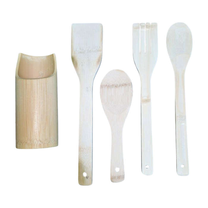 5 Pc Natural Bamboo Cooking Spoon Set with Stand