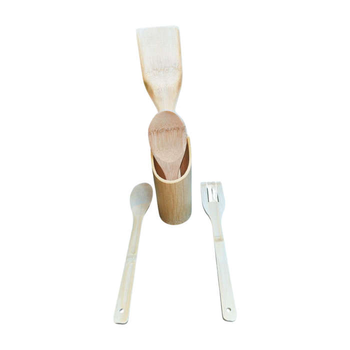 5 Pc Natural Bamboo Cooking Spoon Set with Stand