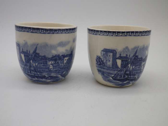 2 Blue & White china egg cups. Rochester Castle & Bridge, England