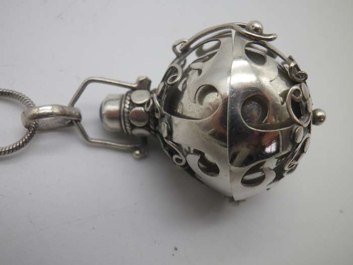 Sterling Silver Vintage Necklace - ball in cage on silver chain.