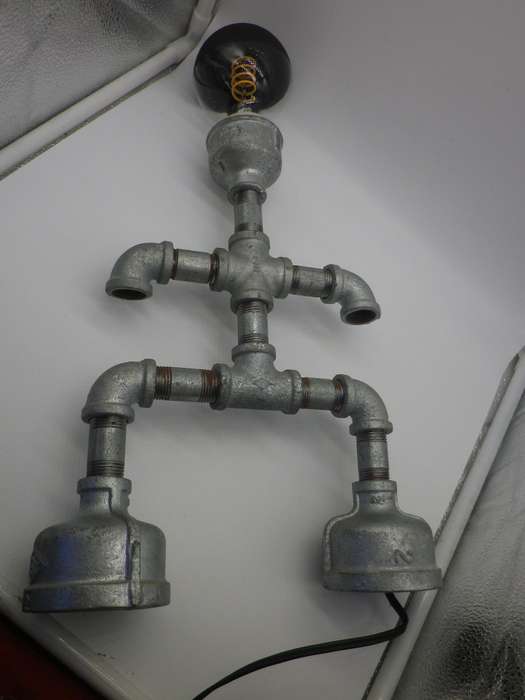 Industrial "ROBOT" Bespoke Table lamp. Made with plumbing parts. Working. Globe Included