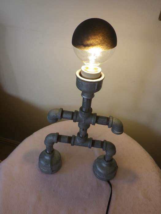 Industrial "ROBOT" Bespoke Table lamp. Made with plumbing parts. Working. Globe Included