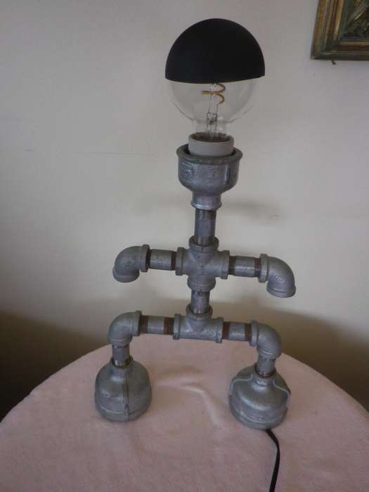 Industrial "ROBOT" Bespoke Table lamp. Made with plumbing parts. Working. Globe Included