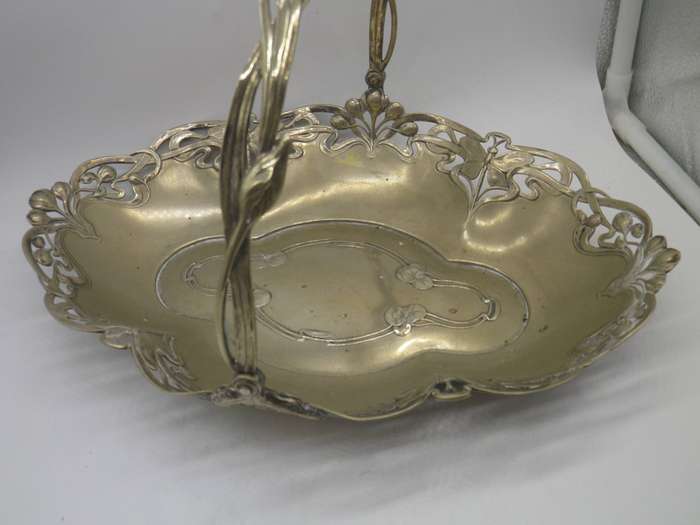 ART NOUVEAU SILVER PLATED on brass SWING HANDLE OVAL SWEET BOWL. Dragonfly design. 33x23cm