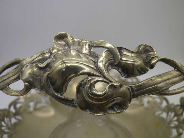 ART NOUVEAU SILVER PLATED on brass SWING HANDLE OVAL SWEET BOWL. Dragonfly design. 33x23cm
