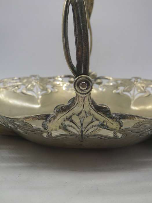ART NOUVEAU SILVER PLATED on brass SWING HANDLE OVAL SWEET BOWL. Dragonfly design. 33x23cm