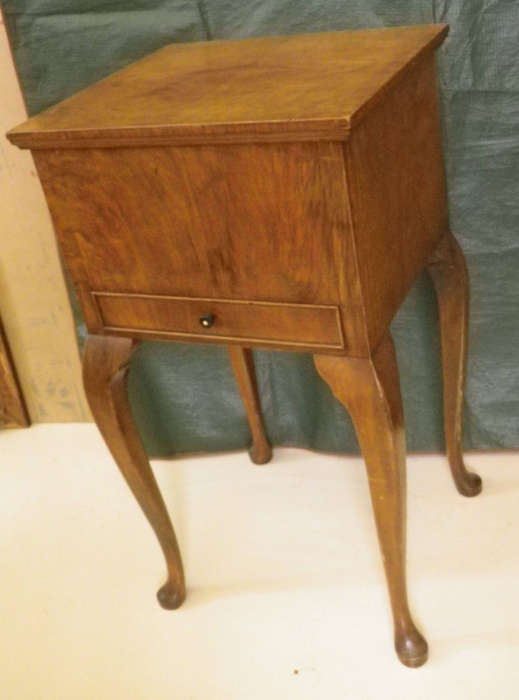 Stunning Vintage Burr Walnut Veneer standing sewing box on Queen Anne legs