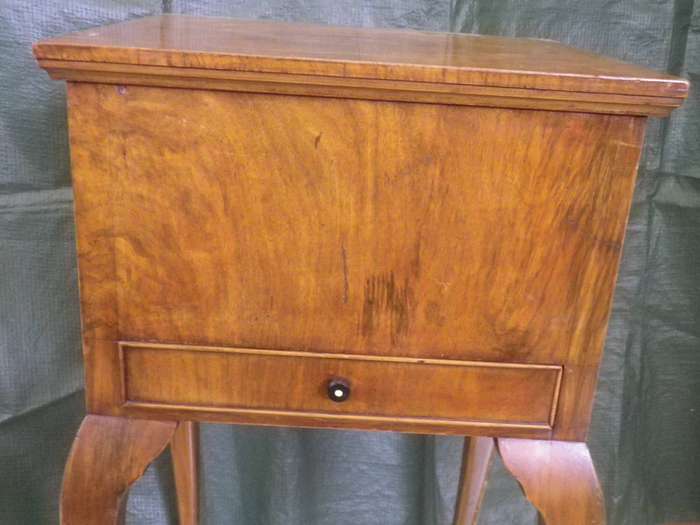 Stunning Vintage Burr Walnut Veneer standing sewing box on Queen Anne legs