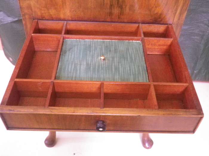 Stunning Vintage Burr Walnut Veneer standing sewing box on Queen Anne legs