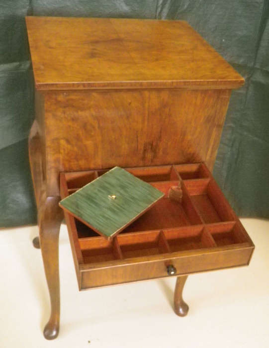 Stunning Vintage Burr Walnut Veneer standing sewing box on Queen Anne legs