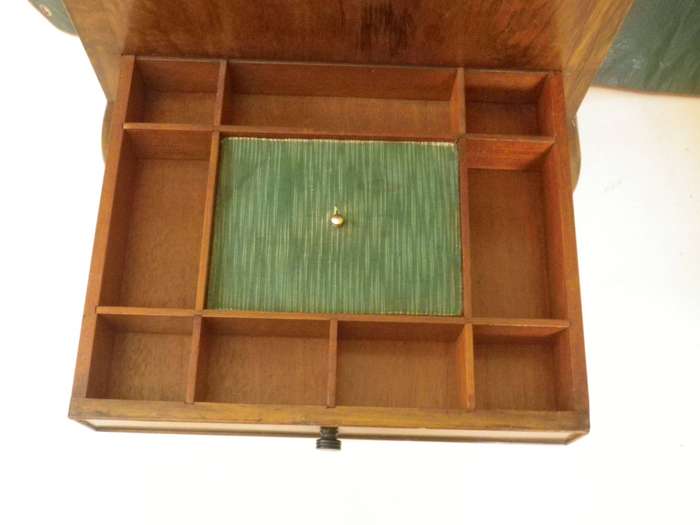 Stunning Vintage Burr Walnut Veneer standing sewing box on Queen Anne legs