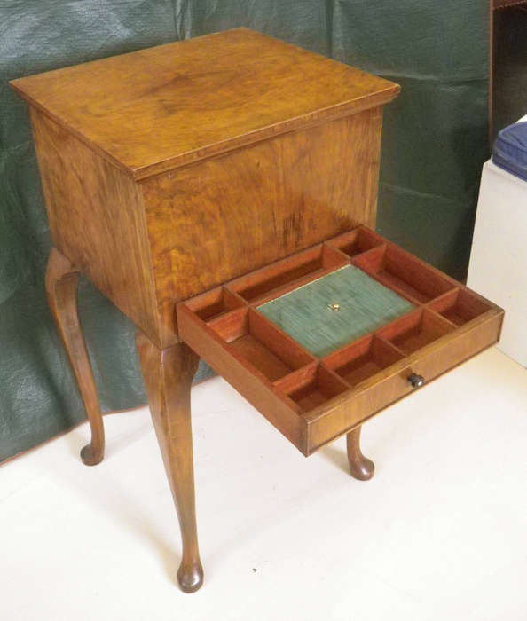 Stunning Vintage Burr Walnut Veneer standing sewing box on Queen Anne legs