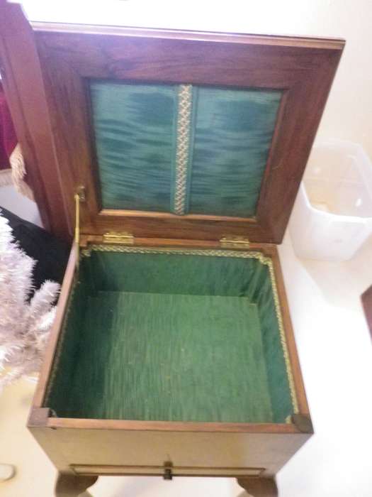 Stunning Vintage Burr Walnut Veneer standing sewing box on Queen Anne legs