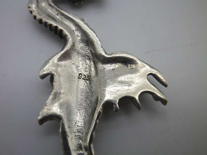 Vintage STERLING SILVER Spectacular Large Horned DRAGON pendant. 16g 7x2.5cm