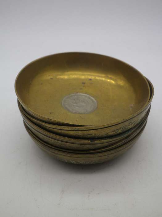 Islamic Persian Engraved Brass 5 Small Bowls inlaid with vintage Silver Lion coins.