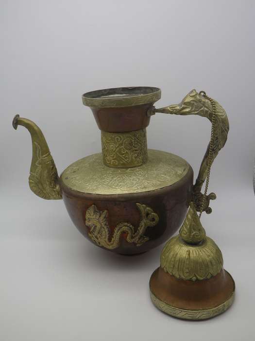 Turkish or Tibetan Large ornate decorative copper & brass tone lidded coffee urn with dragon motief