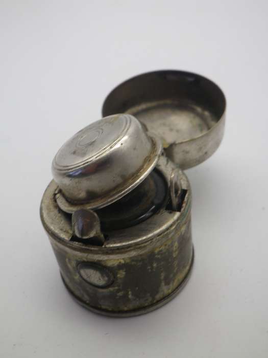 Antique (probably Victorian) Miniature travelling inkwell. Glass inner intact