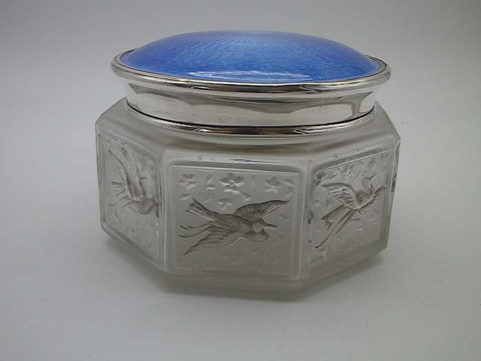 French 1920s SJ Viard Glass powder bowl & hallmarked silver & enamel lid Birmingham 1931