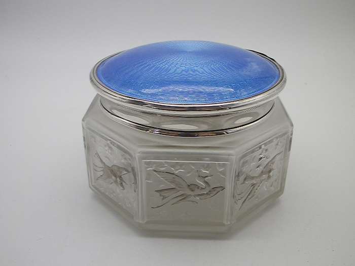 French 1920s SJ Viard Glass powder bowl & hallmarked silver & enamel lid Birmingham 1931