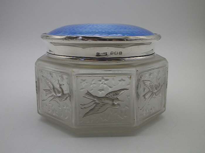 French 1920s SJ Viard Glass powder bowl & hallmarked silver & enamel lid Birmingham 1931