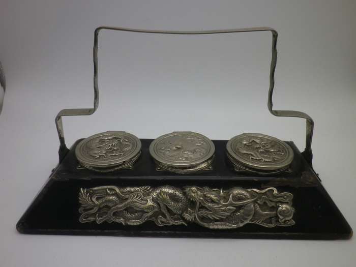 Unusual Vintage Chinese silver plate (or white metal & Black Laquer  DRAGON design Triple inkwell.